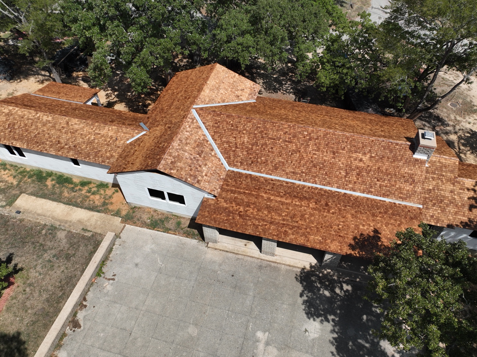 Aerial view of warm brown residential roof